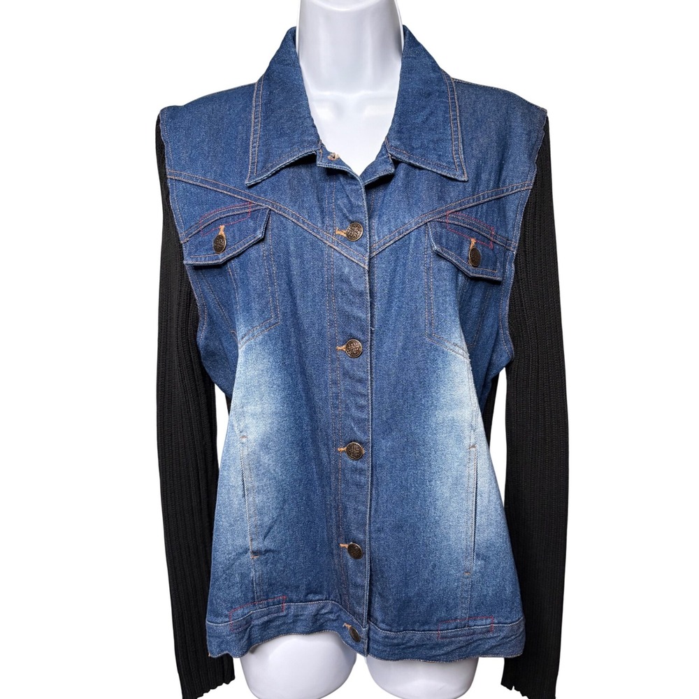 KIKIT x MAURICE SASSON Blue Denim Black Ribbed Knit Shacket Sweater L Grunge